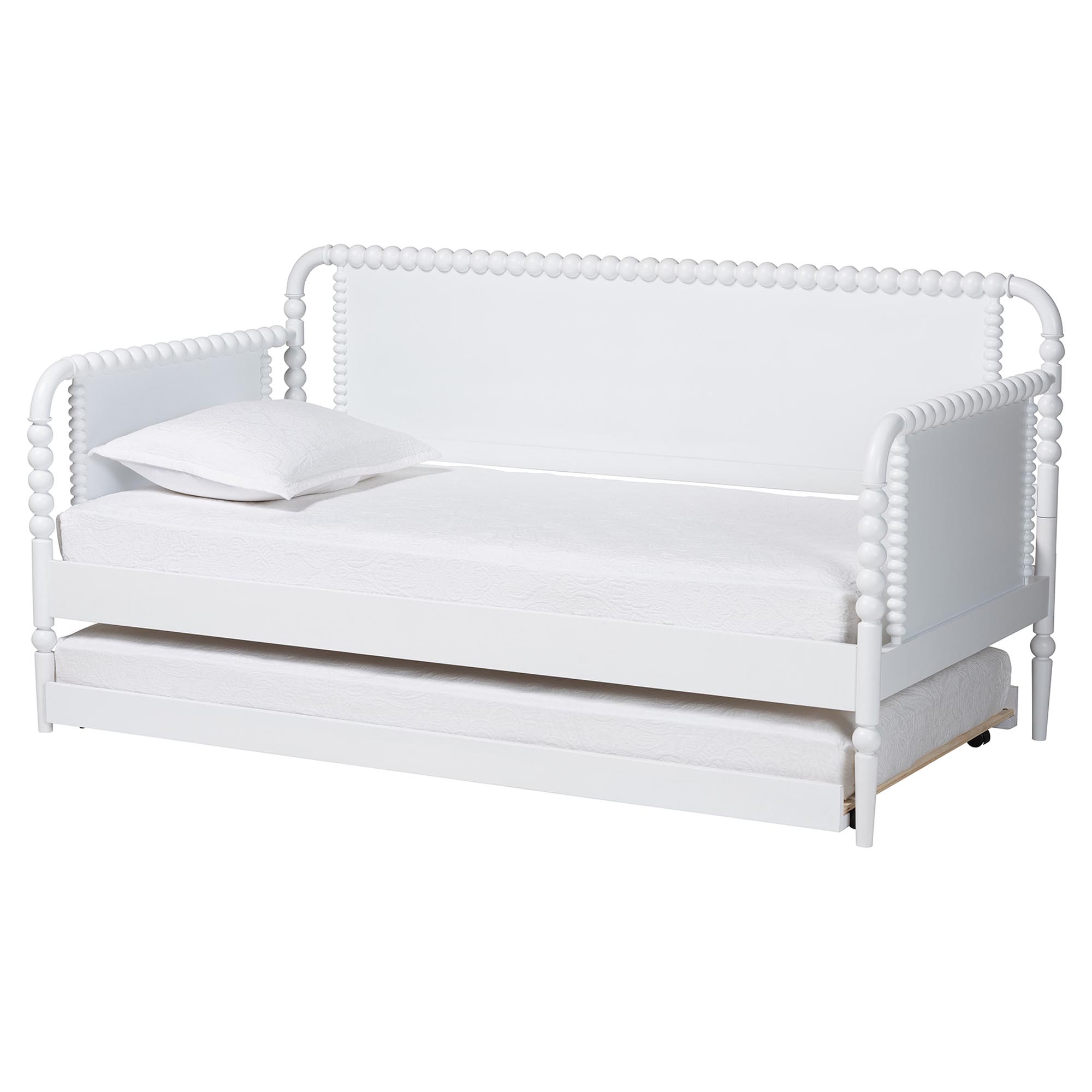 Baxton Studio Lucera Bobbin Daybed with Rolling Trundle - Wooden Bed Frame with Turned Spindle Detailing, Classic Style Sofa Bed for Bedroom or Guest Room, Twin, White Affordable modern furniture in Chicago, classic bedroom furniture, modern twin size, cheap twin size
